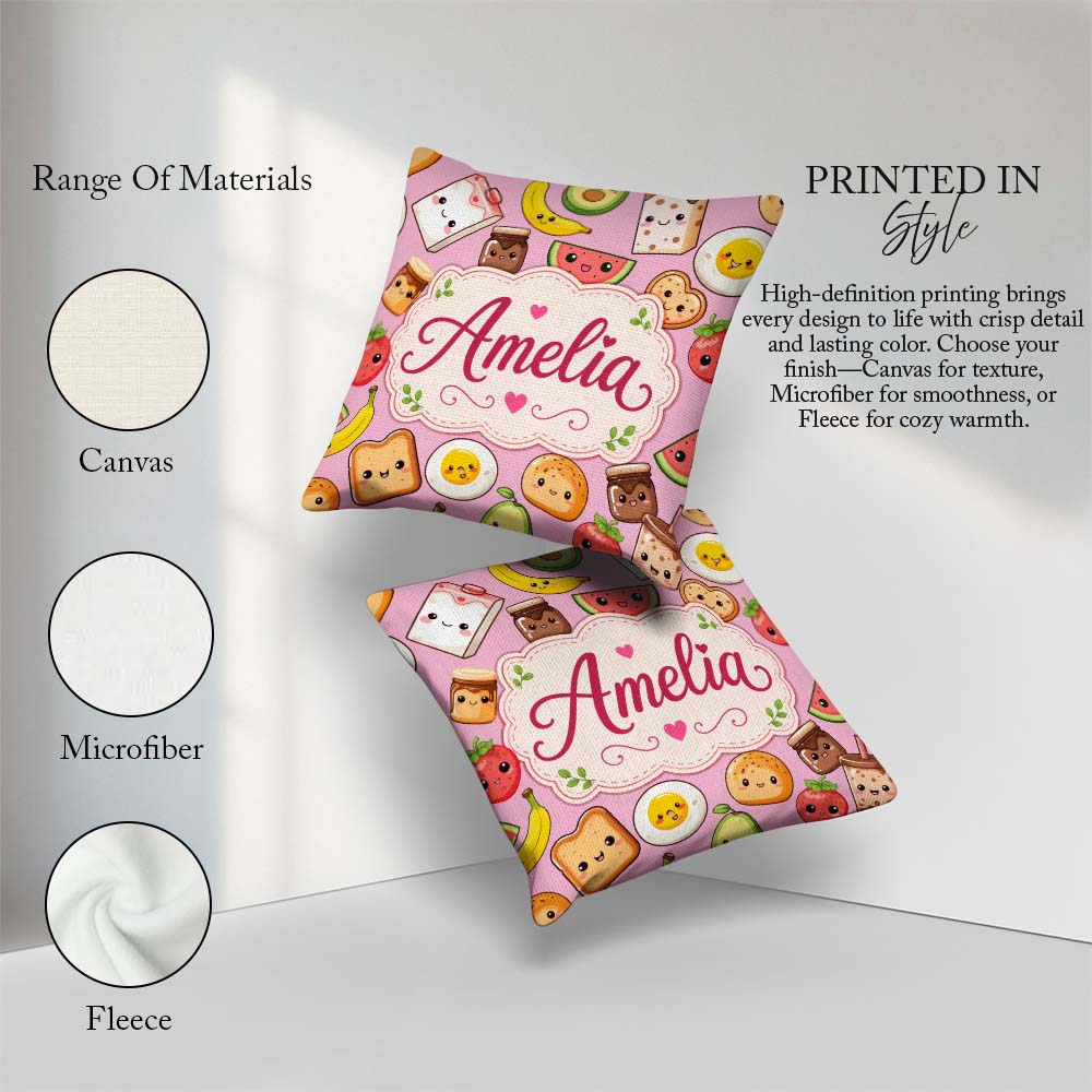 Custom Name Kawaii Breakfast Food Seamless Light Pink Background Square Filled Cushion Throw Pillow Sofa Bed Home Decor Zip Washable UK Made
