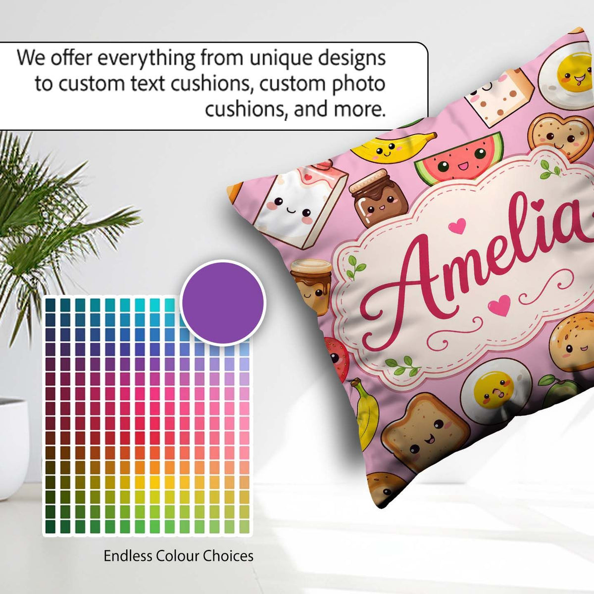 Custom Name Kawaii Breakfast Food Seamless Light Pink Background Square Filled Cushion Throw Pillow Sofa Bed Home Decor Zip Washable UK Made
