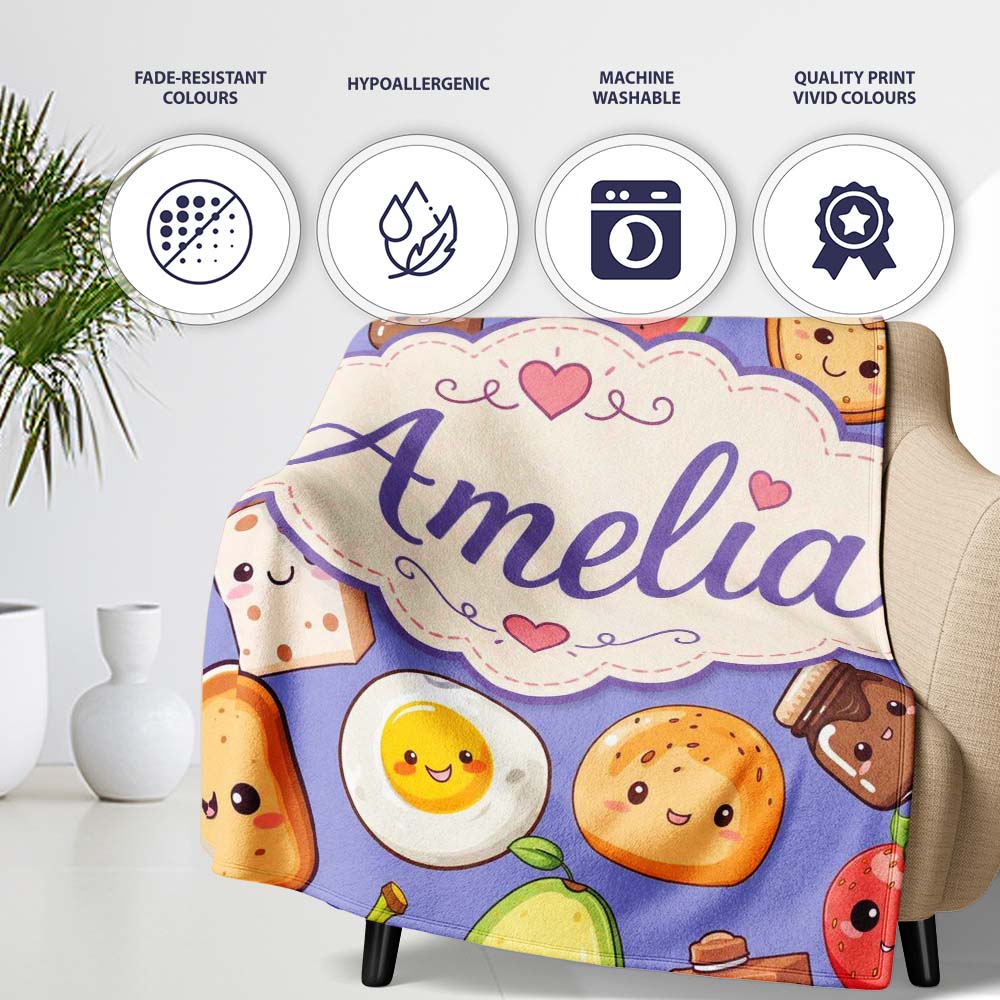 Cute Kawaii Breakfast Food Seamless Pattern Purple Background Fun Personalised Custom Name Super Soft Fleece Blanket Bed Sofa Throw