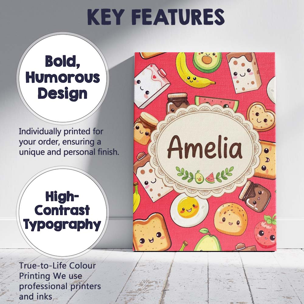 Personalised Name Cute Kawaii Breakfast Custom Modern Room Accent Elegant Feature Canvas Wall Art Print Decor Picture Ready to Hang