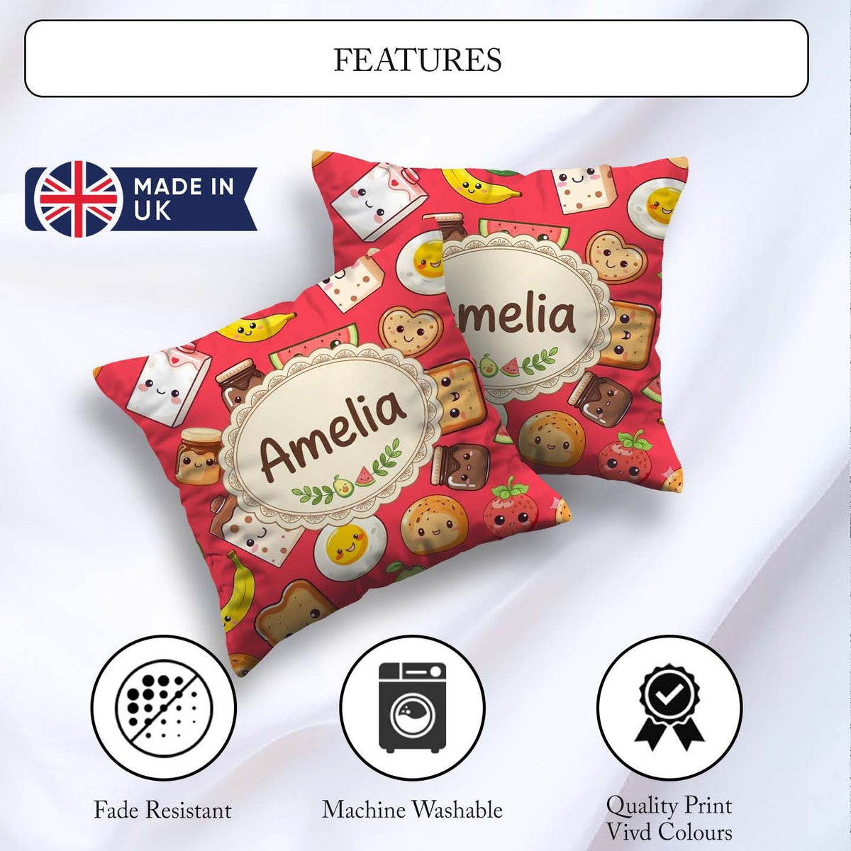 Custom Name Cute Kawaii Food Seamless Pattern Red Background Fun Square Filled Cushion Throw Pillow Sofa Bed Home Decor Zip Washable UK Made