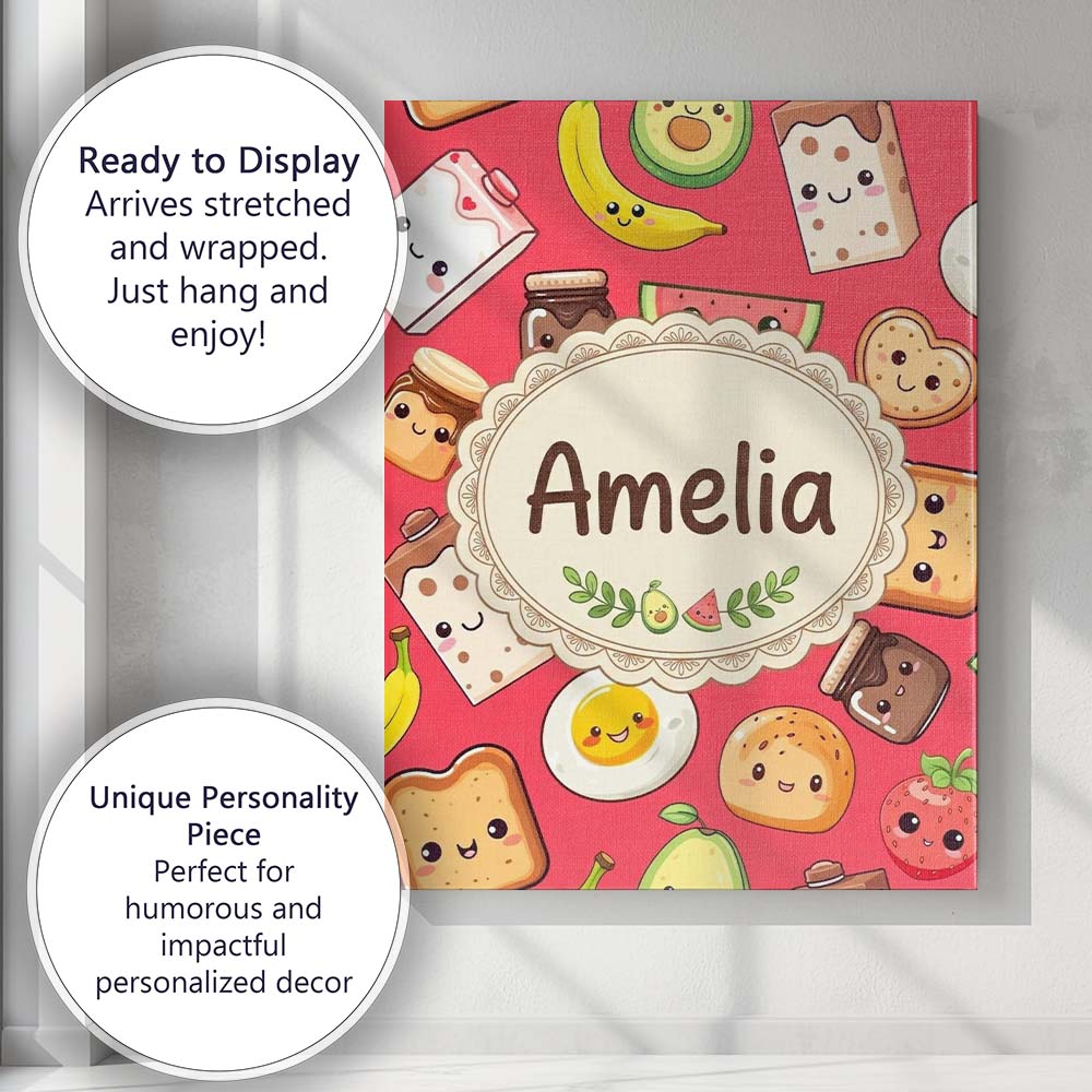 Personalised Name Cute Kawaii Breakfast Custom Modern Room Accent Elegant Feature Canvas Wall Art Print Decor Picture Ready to Hang