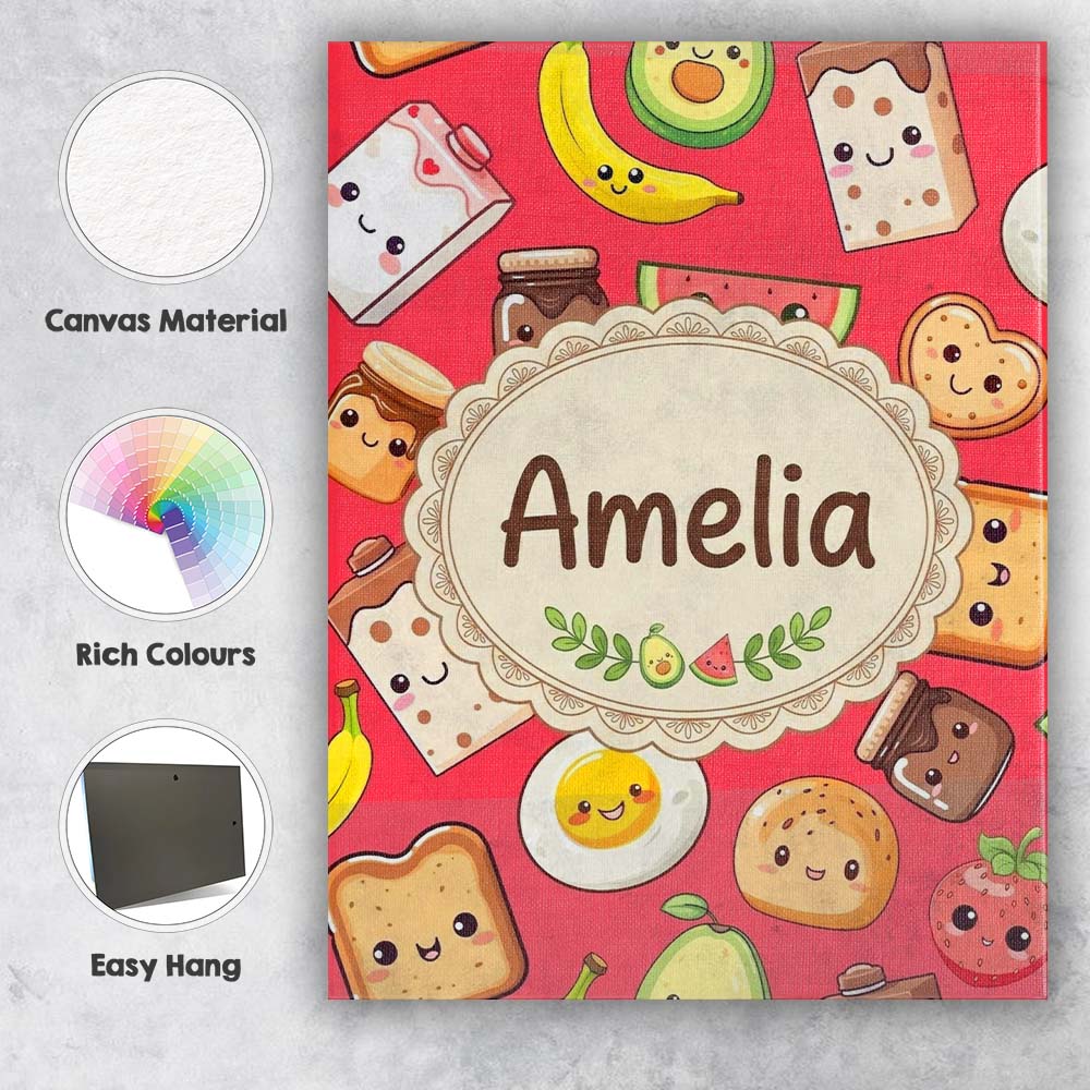 Personalised Name Cute Kawaii Breakfast Custom Modern Room Accent Elegant Feature Canvas Wall Art Print Decor Picture Ready to Hang