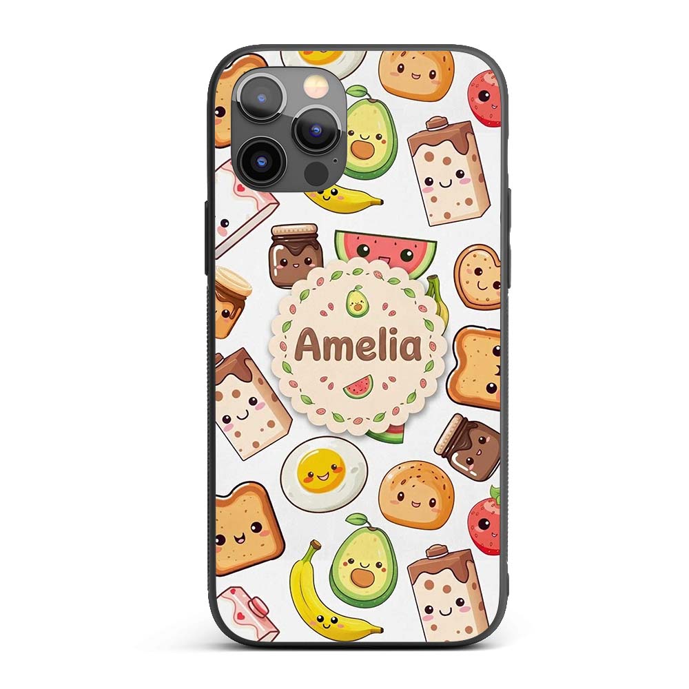 Cute Kawaii Breakfast Food Seamless Pattern Grey Custom Name Protective Phone Case Mobile Cover Durable Everyday Smartphone Shock Resistant