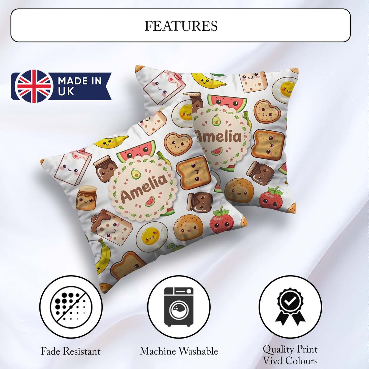 Custom Name Cute Kawaii Breakfast Food Seamless Pattern Grey Fun Square Filled Cushion Throw Pillow Sofa Bed Home Decor Zip Washable UK Made