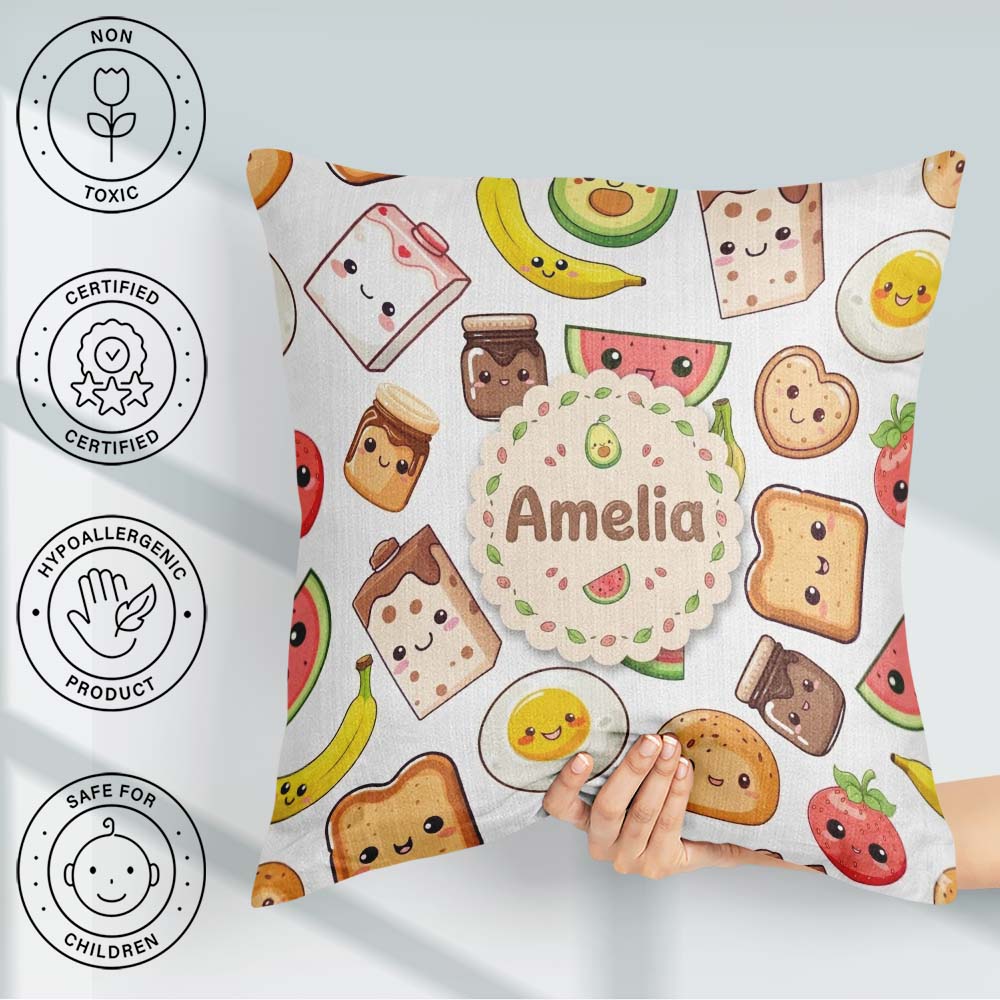 Custom Name Cute Kawaii Breakfast Food Seamless Pattern Grey Fun Square Filled Cushion Throw Pillow Sofa Bed Home Decor Zip Washable UK Made