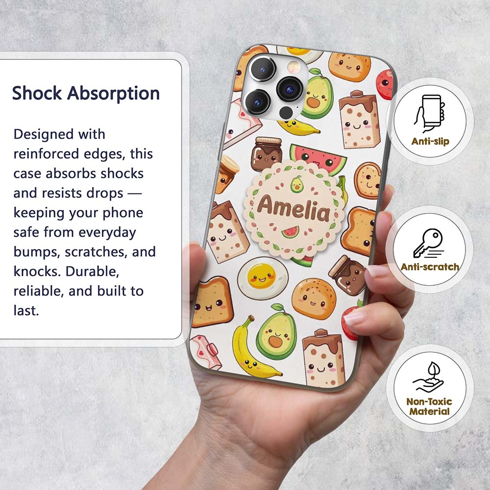 Cute Kawaii Breakfast Food Seamless Pattern Grey Custom Name Protective Phone Case Mobile Cover Durable Everyday Smartphone Shock Resistant