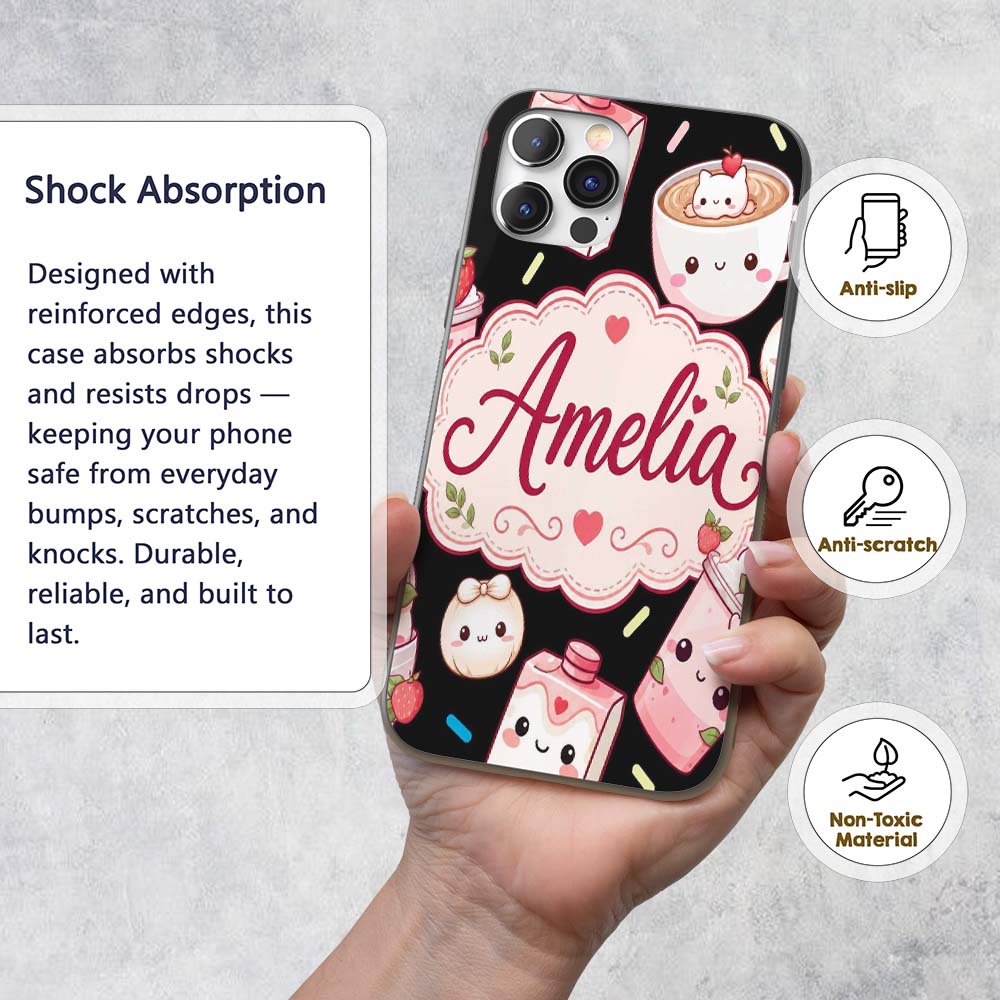 Cute Kawaii Cute Drinks And Dessert Characters Custom Name Protective Phone Case Mobile Cover Durable Everyday Smartphone Shock Resistant