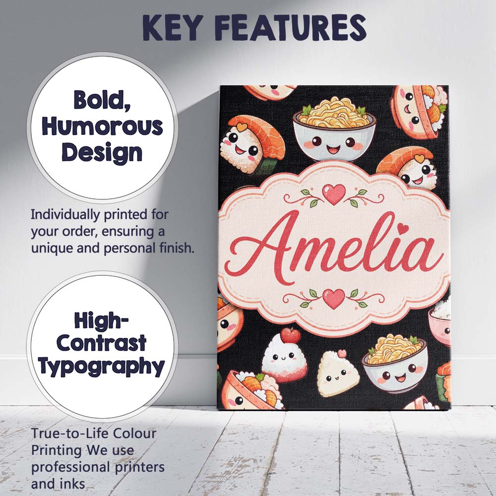 Personalised Name Cute Kawaii Sushi And Custom Modern Room Accent Elegant Feature Canvas Wall Art Print Decor Picture Ready to Hang