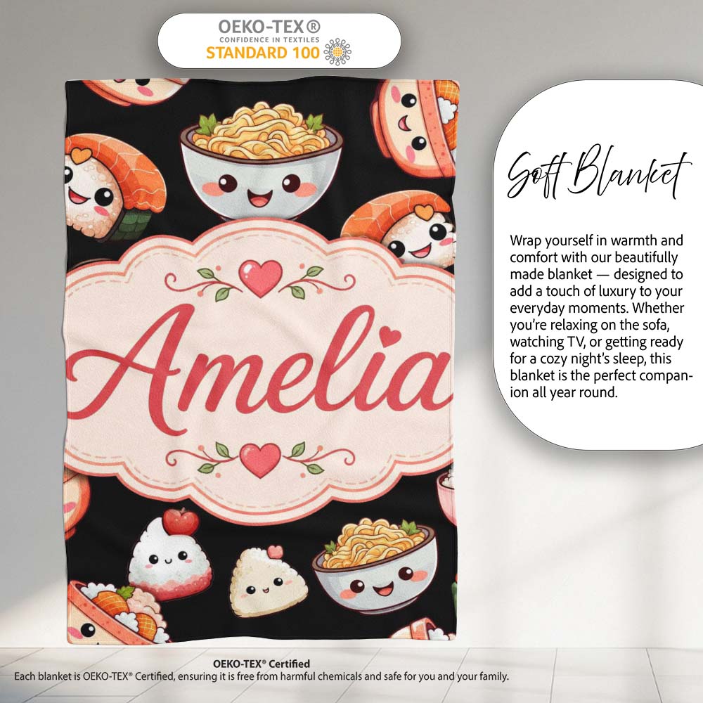 Cute Kawaii Sushi And Japanese Food Seamless Pattern White Lovely Personalised Custom Name Super Soft Fleece Blanket Bed Sofa Throw
