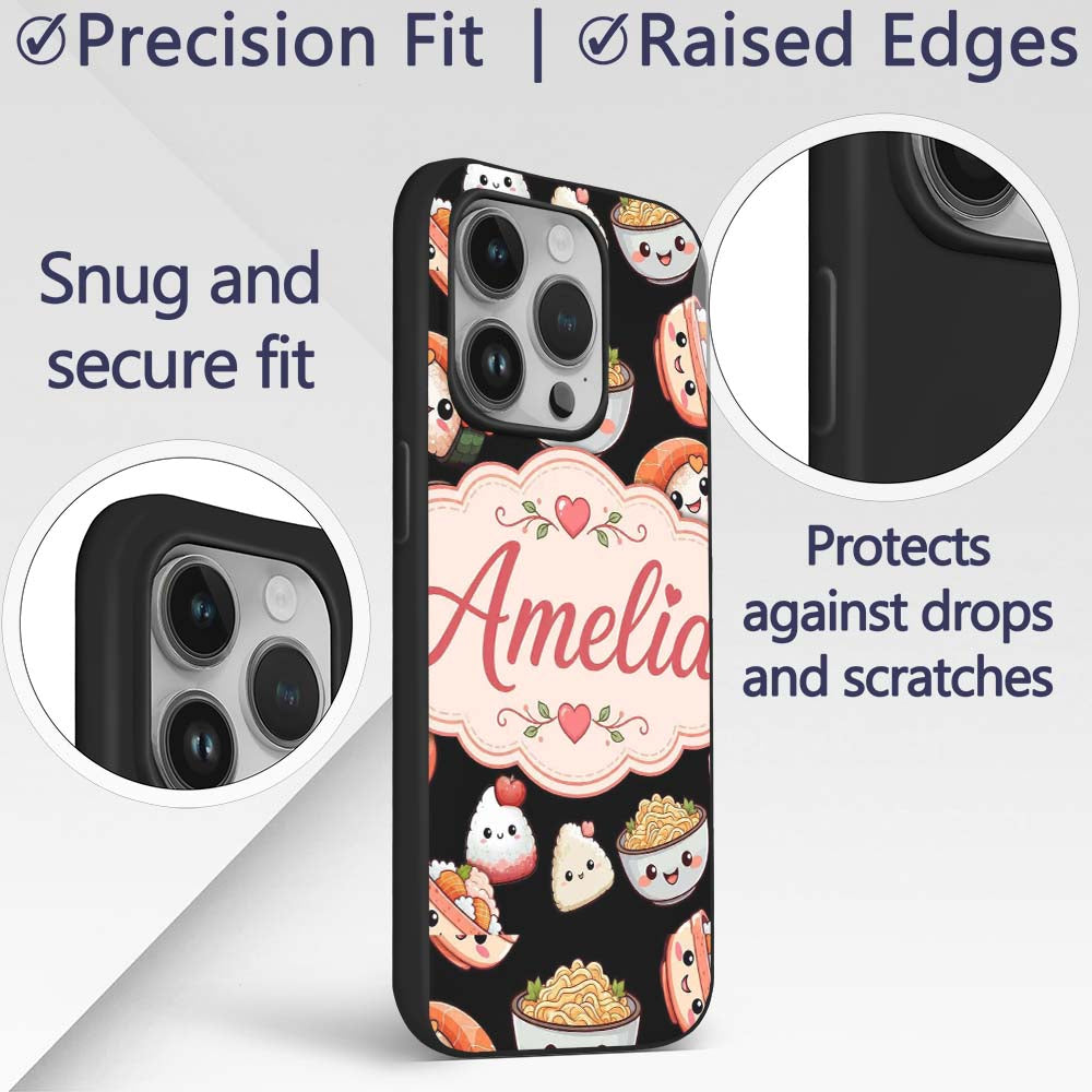 Cute Kawaii Sushi And Japanese Food Seamless Custom Name Protective Phone Case Mobile Cover Durable Everyday Smartphone Shock Resistant