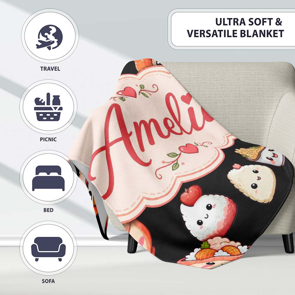 Cute Kawaii Sushi And Japanese Food Seamless Pattern White Lovely Personalised Custom Name Super Soft Fleece Blanket Bed Sofa Throw