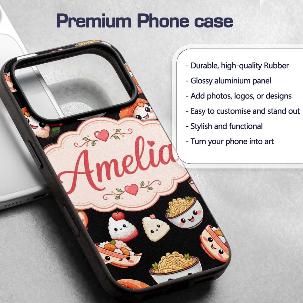 Cute Kawaii Sushi And Japanese Food Seamless Custom Name Protective Phone Case Mobile Cover Durable Everyday Smartphone Shock Resistant