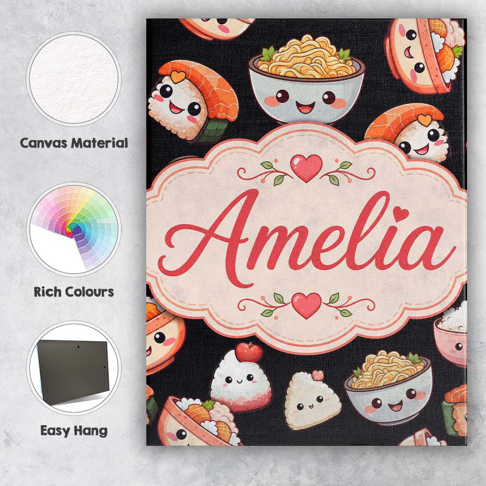 Personalised Name Cute Kawaii Sushi And Custom Modern Room Accent Elegant Feature Canvas Wall Art Print Decor Picture Ready to Hang