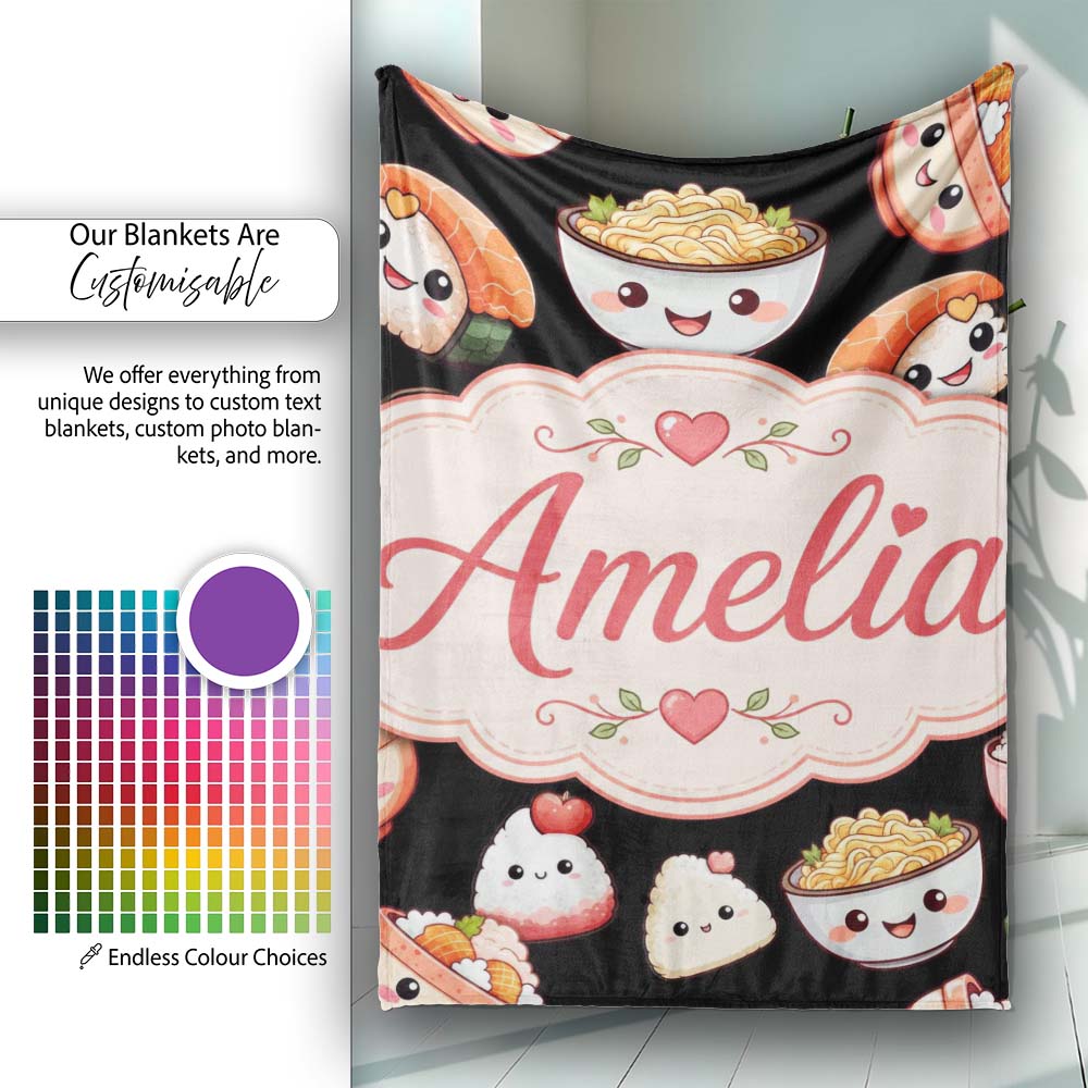 Cute Kawaii Sushi And Japanese Food Seamless Pattern White Lovely Personalised Custom Name Super Soft Fleece Blanket Bed Sofa Throw