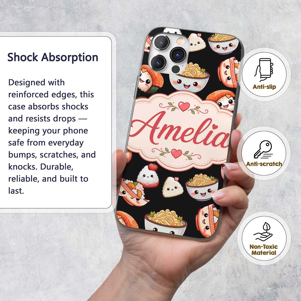 Cute Kawaii Sushi And Japanese Food Seamless Custom Name Protective Phone Case Mobile Cover Durable Everyday Smartphone Shock Resistant