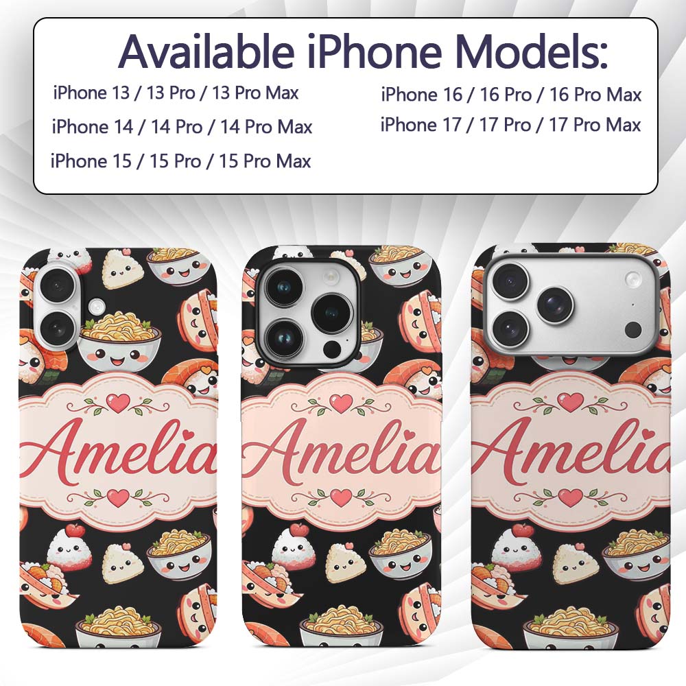 Cute Kawaii Sushi And Japanese Food Seamless Custom Name Protective Phone Case Mobile Cover Durable Everyday Smartphone Shock Resistant