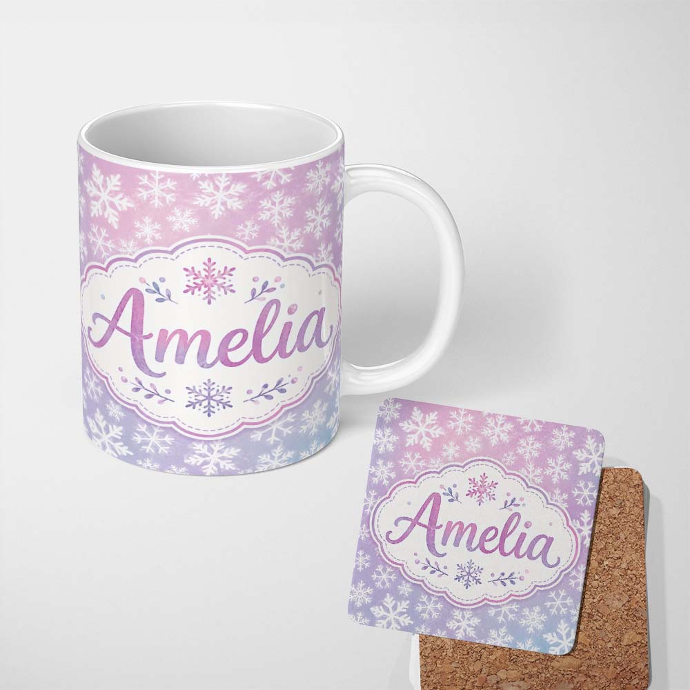 Personalized Custom Name Soft Pastel Snowflake Winter Seamless Pattern Cute Unique Gift 11oz Ceramic Coffee Tea Mug White Large Handle