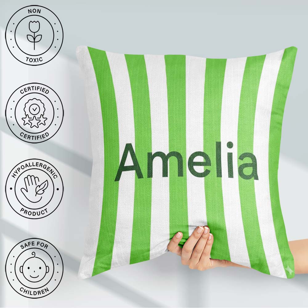 Custom Name Simple Green White Vertical Seamless Pattern Minimal Square Filled Cushion Throw Pillow Sofa Bed Home Decor Zip Washable UK Made