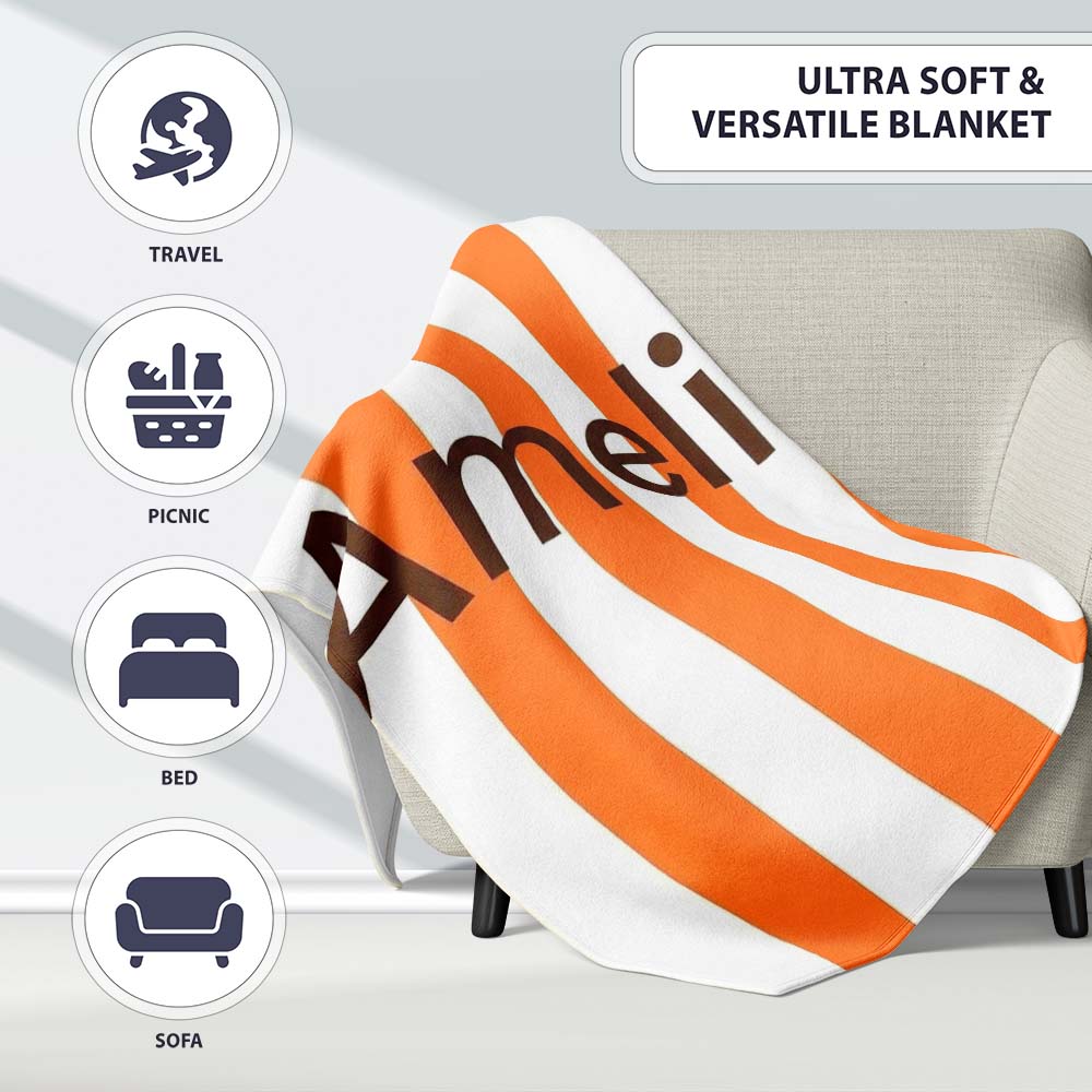 Simple Orange And White Vertical Stripe Seamless Pattern Minimal Personalised Custom Name Super Soft Fleece Blanket Bed Sofa Throw