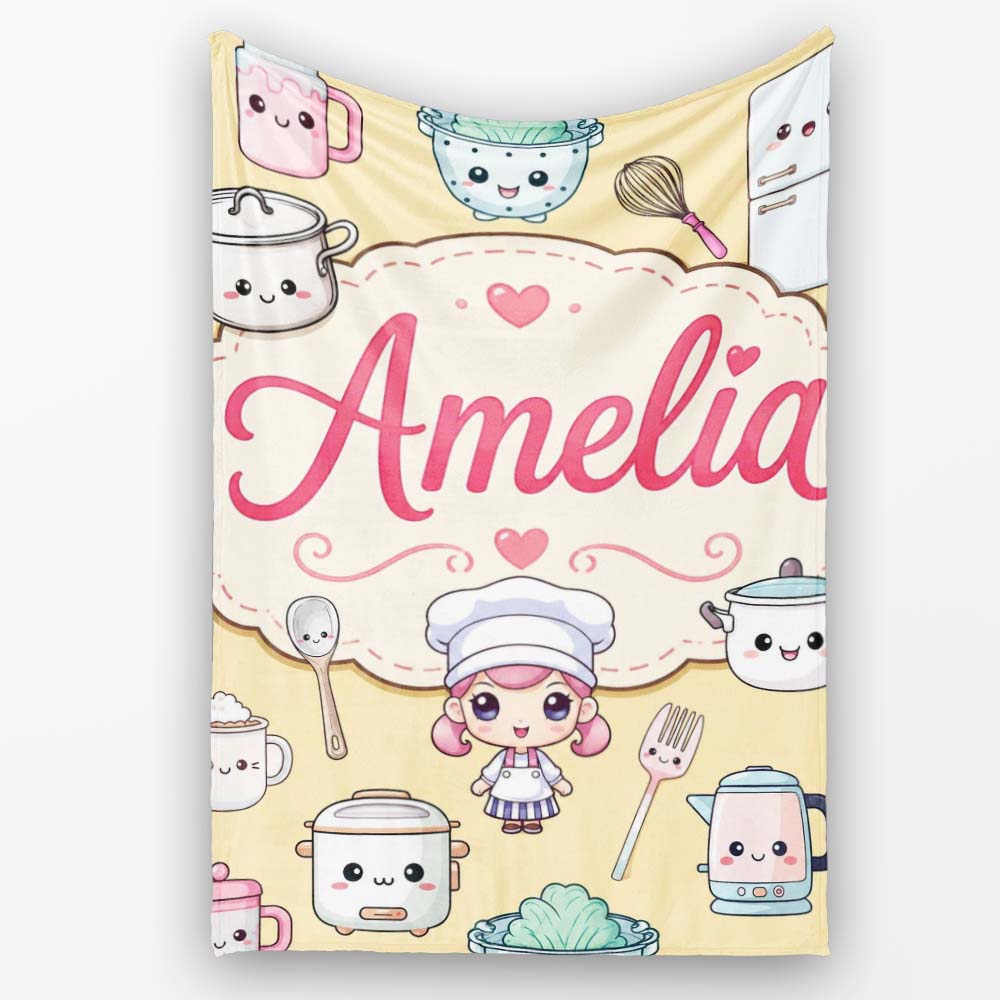 Cute Kawaii Utensils And Chef Girl Seamless Pattern Beige Personalised Custom Name Super Soft Fleece Blanket Bed Sofa Throw