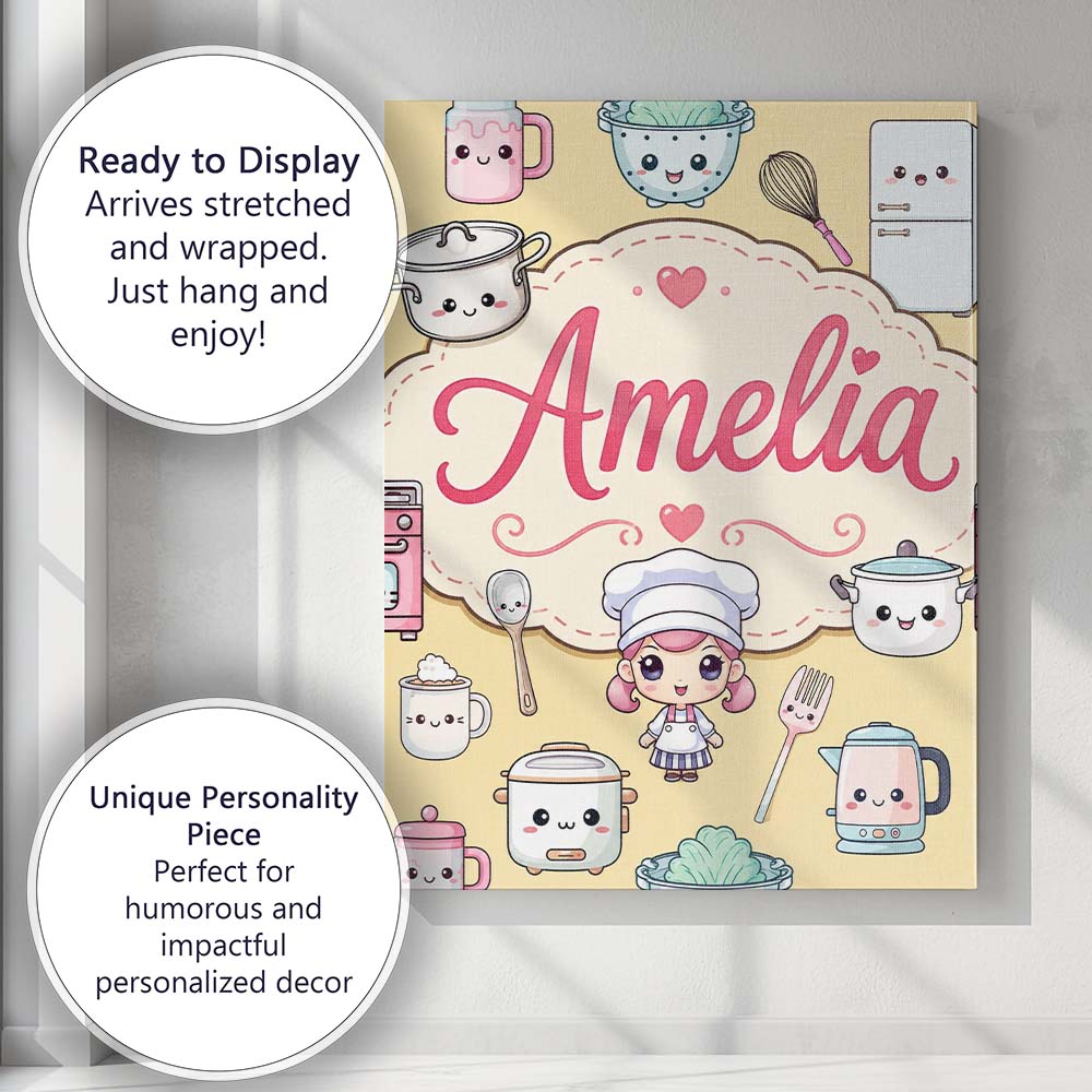 Personalised Name Cute Kawaii Utensils And Custom Unique Gift Idea Elegant Feature Canvas Wall Art Print Decor Picture Ready to Hang