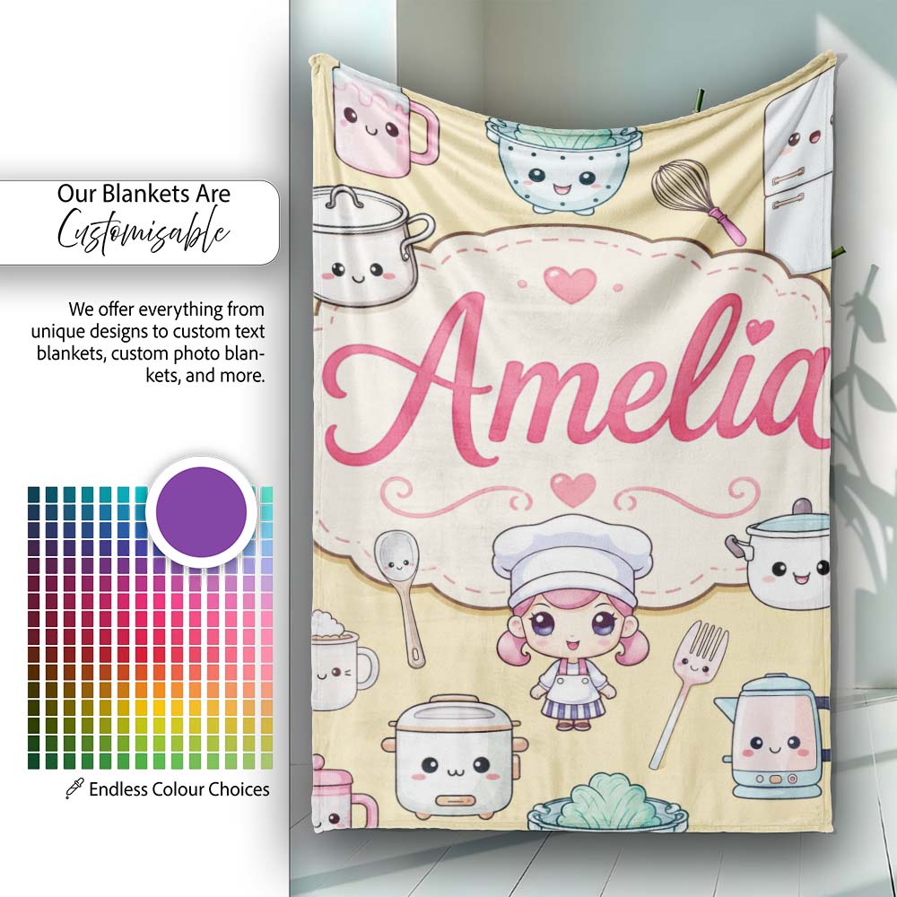Cute Kawaii Utensils And Chef Girl Seamless Pattern Beige Personalised Custom Name Super Soft Fleece Blanket Bed Sofa Throw