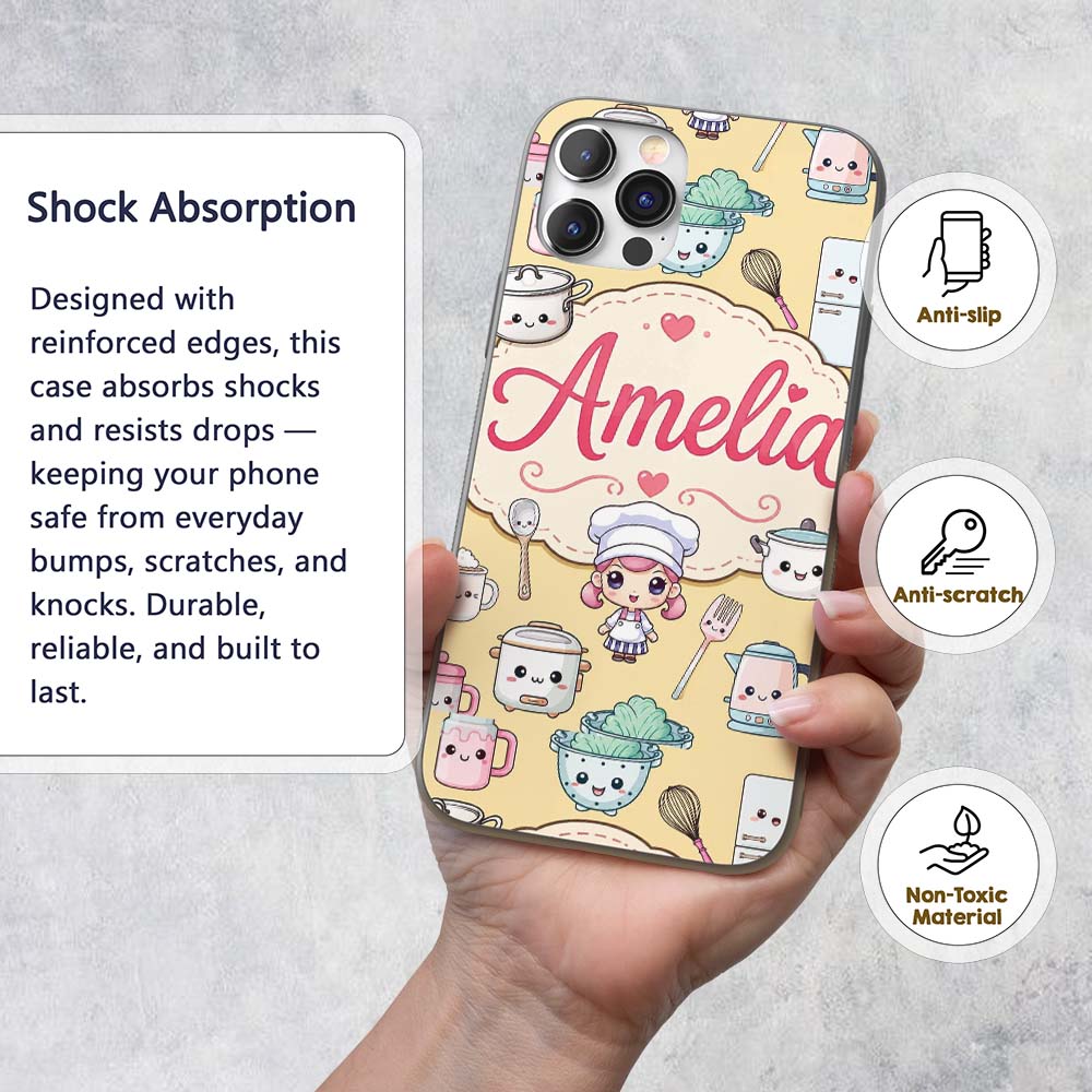 Cute Kawaii Utensils And Chef Girl Printed Design Custom Name Protective Phone Case Mobile Cover Durable Everyday Smartphone Shock Resistant
