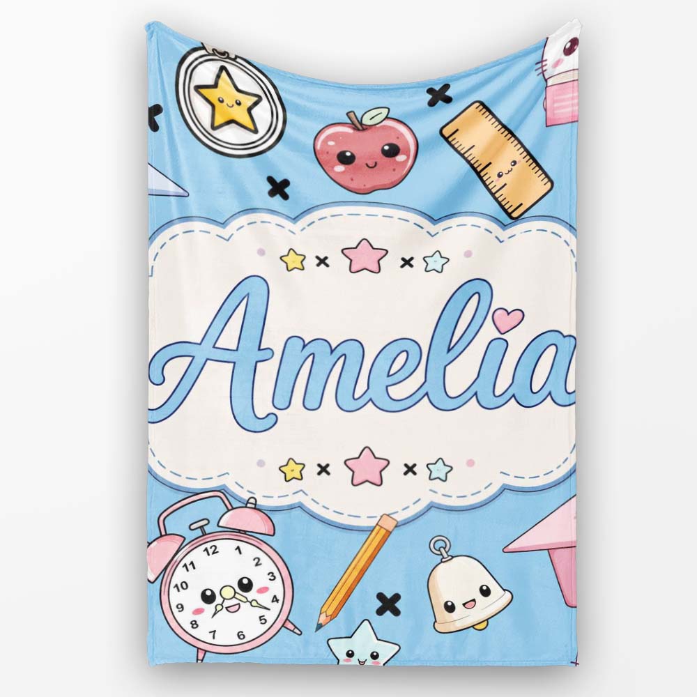 Cute Kawaii School Supplies And Study Seamless Pattern Blue Lovely Personalised Custom Name Super Soft Fleece Blanket Bed Sofa Throw