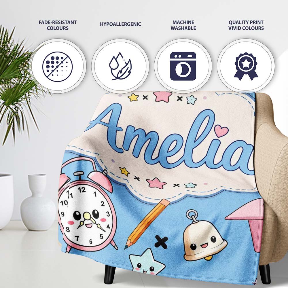 Cute Kawaii School Supplies And Study Seamless Pattern Blue Lovely Personalised Custom Name Super Soft Fleece Blanket Bed Sofa Throw