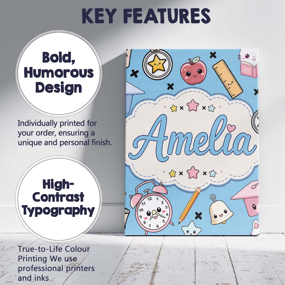 Personalised Name Cute Kawaii School Custom Premium Decorative Design Modern Room Accent Canvas Wall Art Print Decor Picture Ready to Hang