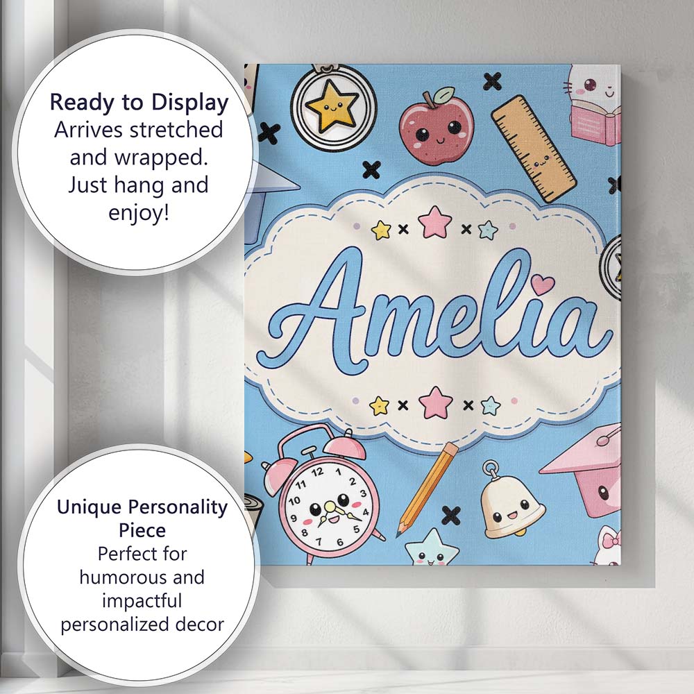 Personalised Name Cute Kawaii School Custom Premium Decorative Design Modern Room Accent Canvas Wall Art Print Decor Picture Ready to Hang