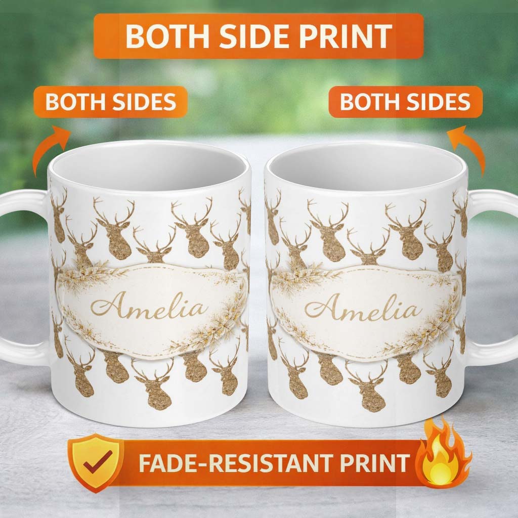 Personalized Custom Name Gold Glitter Deer Seamless Pattern Thoughtful Gift Idea Lovely 11oz Ceramic Coffee Tea Mug White Large Handle