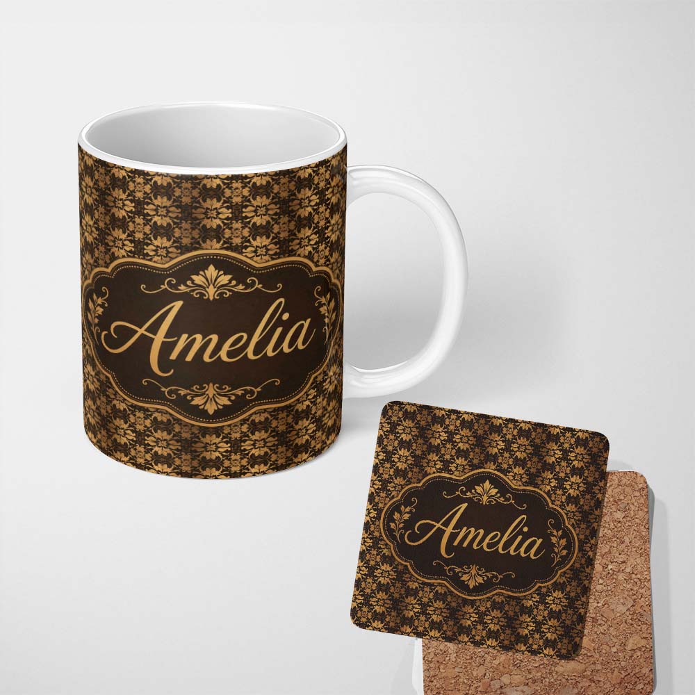 Personalized Custom Name Classic Vintage Damask Pattern in Rich Brown and Gold Ornamental 11oz Ceramic Coffee Tea Mug White Large Handle