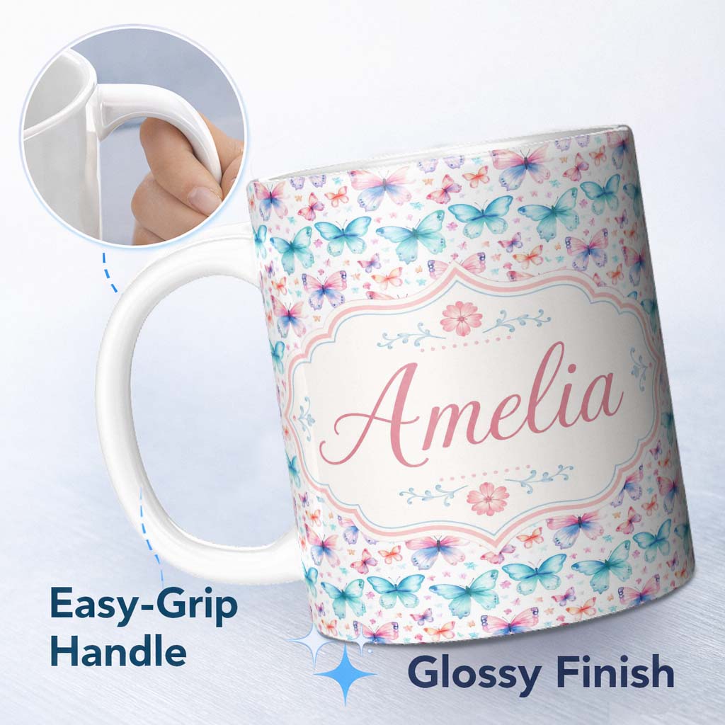 Personalized Custom Name Pastel Butterfly Soft Color Dreamy Seamless Pattern Cute Unique Gift 11oz Ceramic Coffee Tea Mug White Large Handle