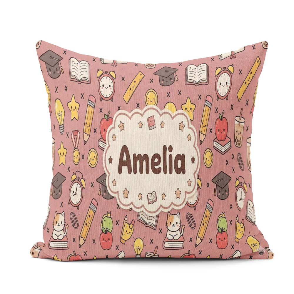 Custom Name Cute Kawaii School Supplies And Study Seamless Peach Square Filled Cushion Throw Pillow Sofa Bed Home Decor Zip Washable UK Made