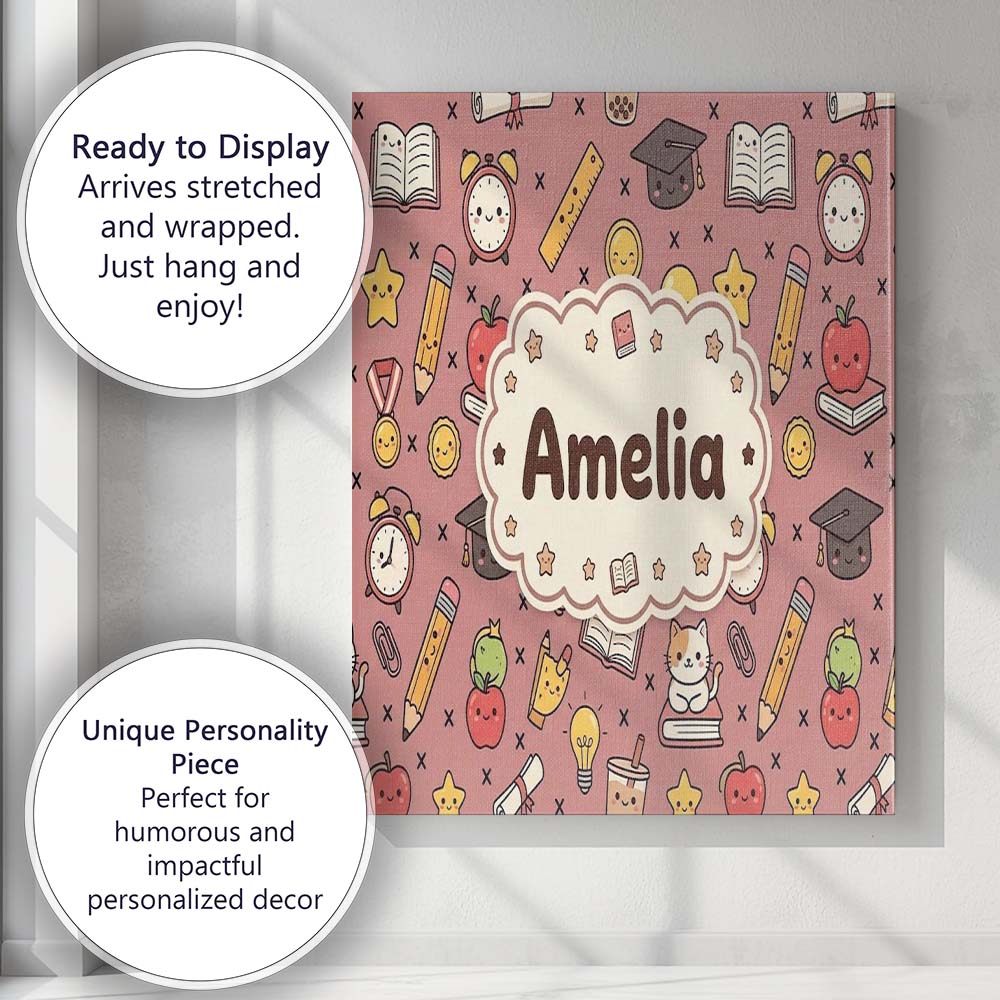 Personalised Name Cute Kawaii School Custom Premium Decorative Design Modern Room Accent Canvas Wall Art Print Decor Picture Ready to Hang