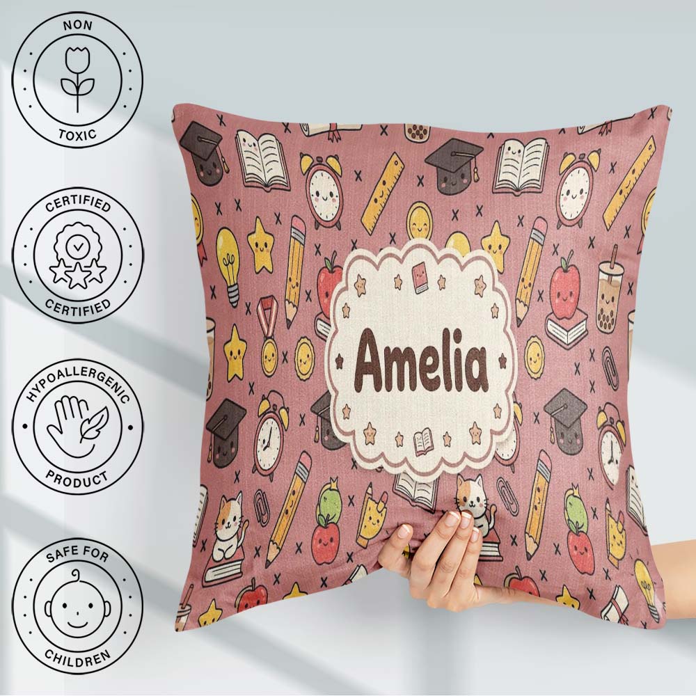 Custom Name Cute Kawaii School Supplies And Study Seamless Peach Square Filled Cushion Throw Pillow Sofa Bed Home Decor Zip Washable UK Made