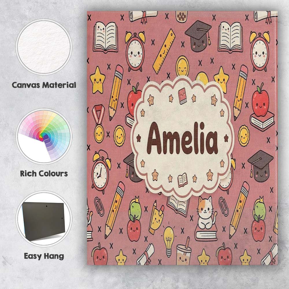 Personalised Name Cute Kawaii School Custom Premium Decorative Design Modern Room Accent Canvas Wall Art Print Decor Picture Ready to Hang
