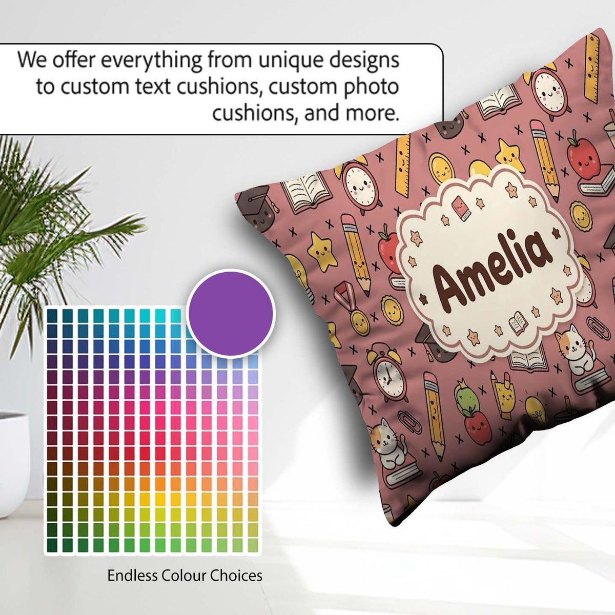Custom Name Cute Kawaii School Supplies And Study Seamless Peach Square Filled Cushion Throw Pillow Sofa Bed Home Decor Zip Washable UK Made