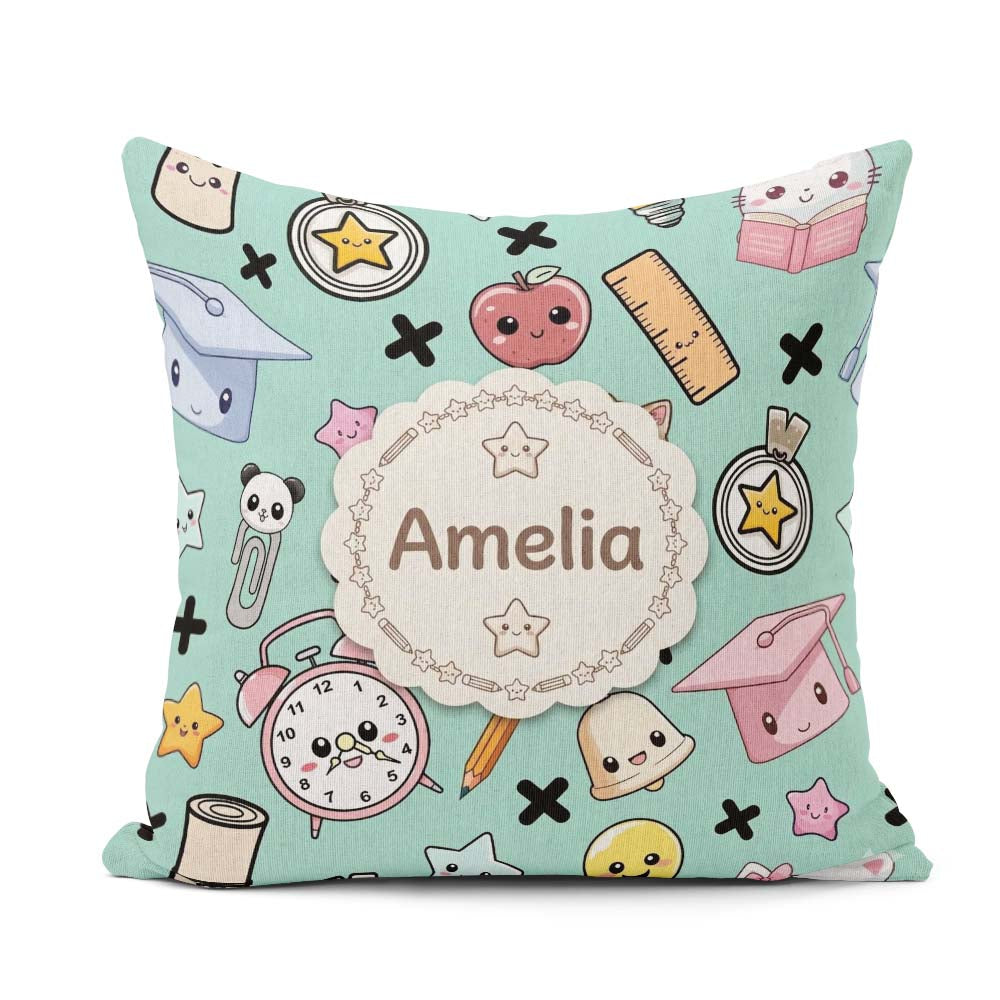 Custom Name Cute Kawaii Supplies And Study Seamless Pattern Mint Square Filled Cushion Throw Pillow Sofa Bed Home Decor Zip Washable UK Made