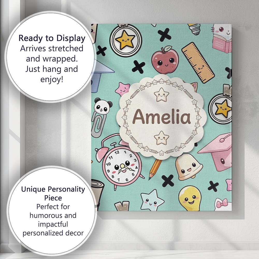 Personalised Name Cute Kawaii School Custom Premium Decorative Design Modern Room Accent Canvas Wall Art Print Decor Picture Ready to Hang