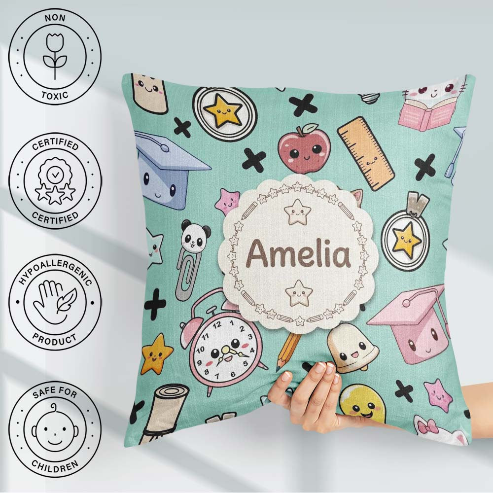 Custom Name Cute Kawaii Supplies And Study Seamless Pattern Mint Square Filled Cushion Throw Pillow Sofa Bed Home Decor Zip Washable UK Made