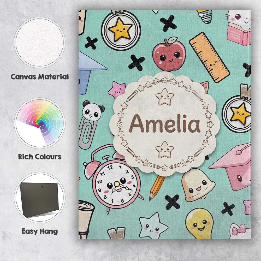 Personalised Name Cute Kawaii School Custom Premium Decorative Design Modern Room Accent Canvas Wall Art Print Decor Picture Ready to Hang