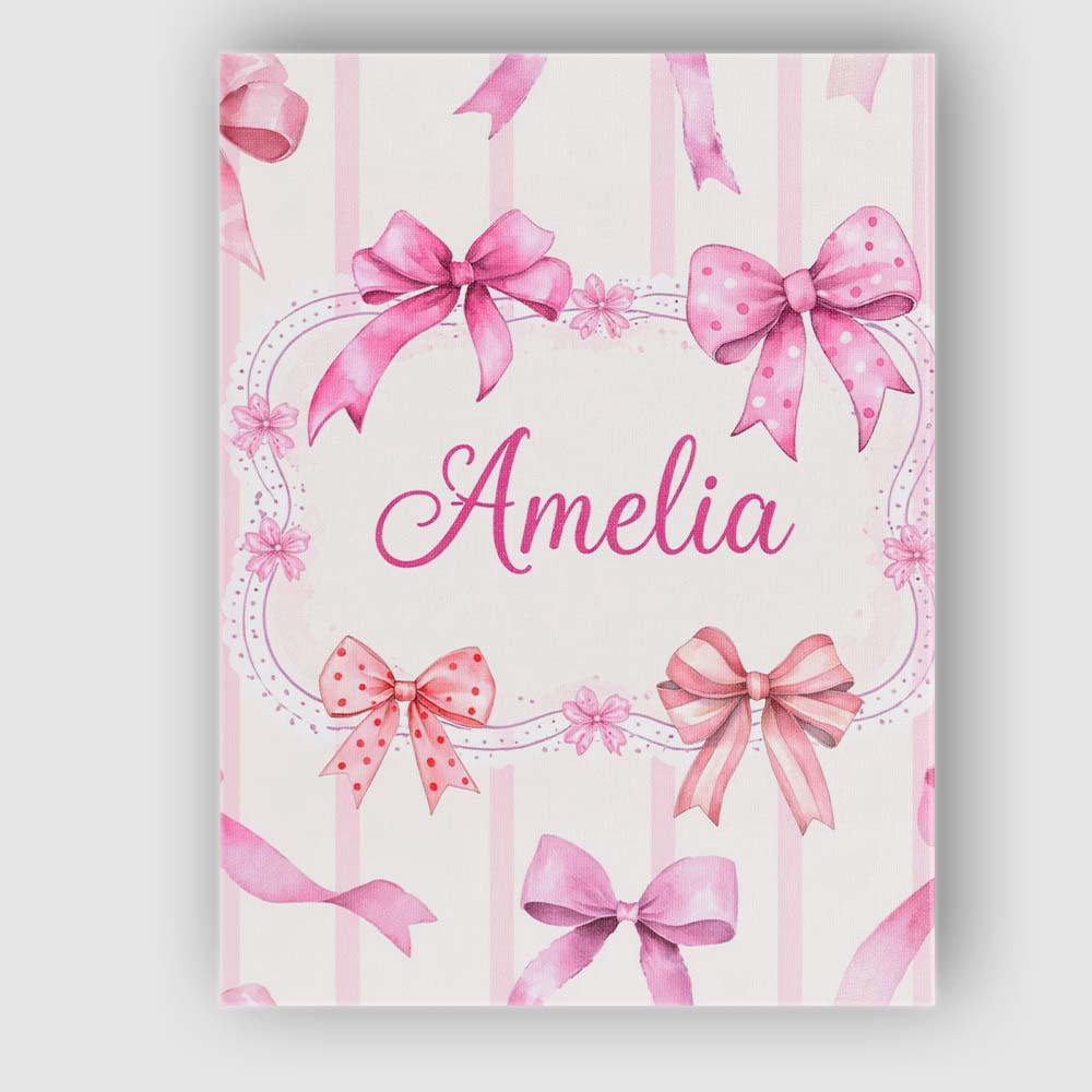 Personalised Name Watercolor Pink Ribbon Bow Seamless Pattern with Custom Unique Canvas Wall Art Print Decor Picture Ready to Hang