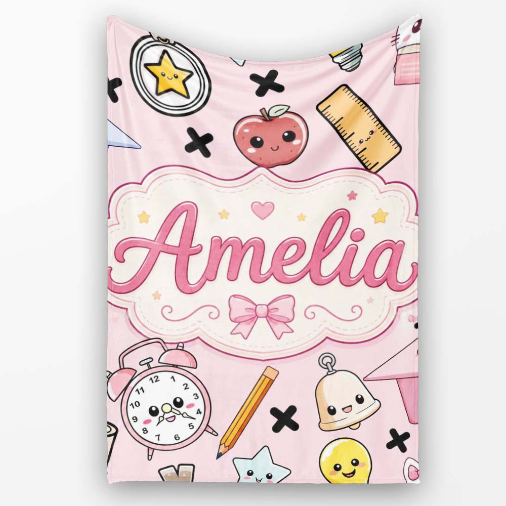 Cute Kawaii School Supplies And Study Seamless Pattern Pink Lovely Personalised Custom Name Super Soft Fleece Blanket Bed Sofa Throw