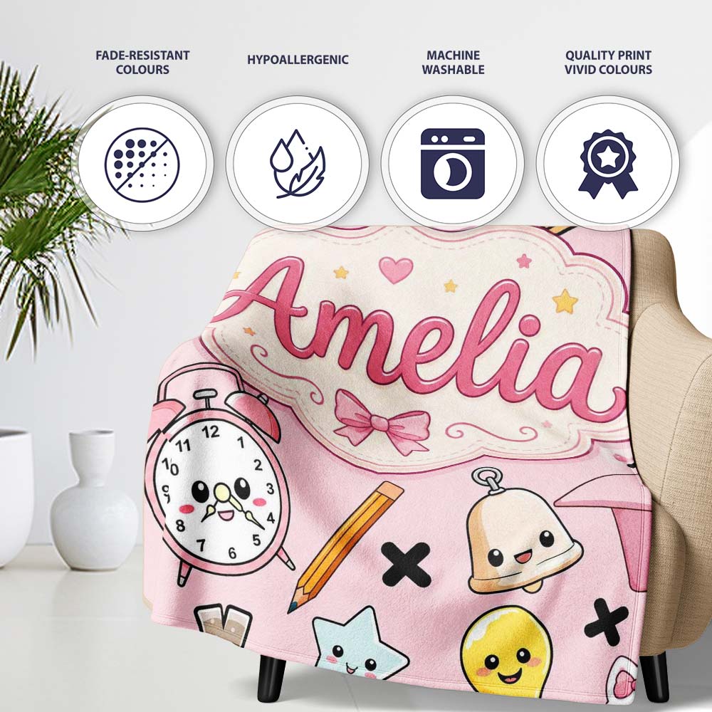 Cute Kawaii School Supplies And Study Seamless Pattern Pink Lovely Personalised Custom Name Super Soft Fleece Blanket Bed Sofa Throw