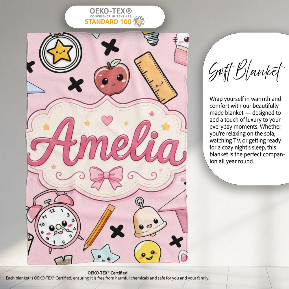 Cute Kawaii School Supplies And Study Seamless Pattern Pink Lovely Personalised Custom Name Super Soft Fleece Blanket Bed Sofa Throw