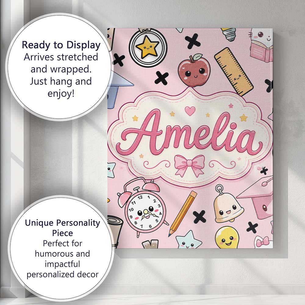Personalised Name Cute Kawaii School Custom Premium Decorative Design Modern Room Accent Canvas Wall Art Print Decor Picture Ready to Hang