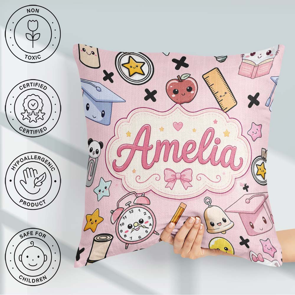 Custom Name Cute Kawaii Supplies And Study Seamless Pattern Pink Square Filled Cushion Throw Pillow Sofa Bed Home Decor Zip Washable UK Made